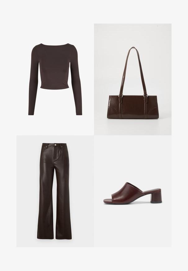 Top corto de manga larga marrón fabricado con una tela suave, que presenta un amplio escote redondo, diseño ajustado y estilo minimalista.; Vero Moda Wide-leg VMTESSA High rise - Pantalones - chocolate torte; Sandalias de slide abiertas de color burdeos oscuro, hechas de cuero suave, con un diseño redondeado y un tacón grueso para mayor estabilidad. Se muestra vista lateral.; Bolso de mano de piel sintética marrón con forma rectangular, dos asas largas y sutiles acentos curvados en la parte delantera.