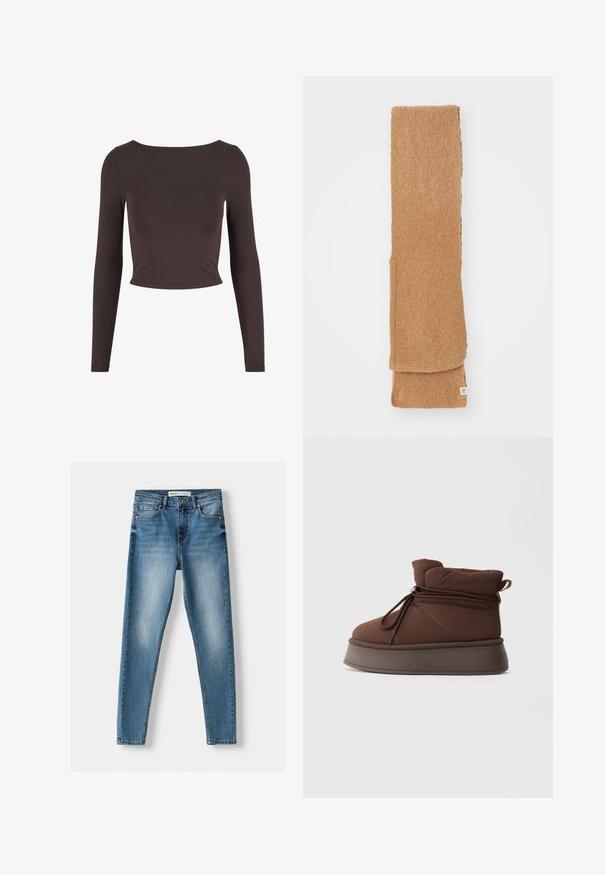 Ruskea pitkähihaisen croptop, joka on valmistettu sileästä kankaasta. Siinä on leveä pyöreä pääntie, istuva malli ja minimalistinen tyyli.; Siniset denim-farkut, joissa on viisi taskua, vetoketjusuljenta ja kulunut ilme vaalean haalistuman kanssa edessä sekä selkeät tikkausviivat.; Ruskeat talvikengät, joissa on paksu pohja ja narukiristys, vaaleaa taustaa vasten.; Ruskea neulehuivi, joka on tehty pehmeästä kuidusta, suorakulmainen muoto, jossa on taitettu reuna ja pieni etiketti yhdessä päässä.