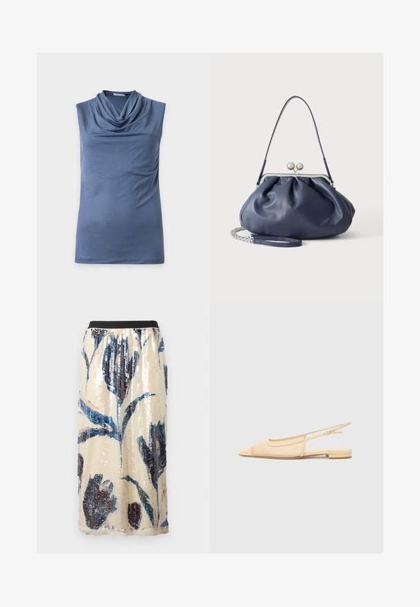Haut bleu sans manches avec col bénitier drapé, en tissu doux, présenté à plat sur un fond clair.; Jupe midi beige avec taille élastique noire, grand motif floral bleu et sombre pailleté.; Chaussure plate slingback en beige clair avec une tige en maille, un bout pointu et un petit talon. Dotée d'une sangle ajustable pour un bon maintien.; Sac à main en cuir bleu marine doux avec fermeture à boucle argentée, une seule bandoulière, et une chaîne de poignet amovible sur fond blanc.