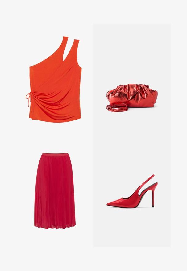 Orange asymmetrisk top med to stropper, med en siderykning detalje med en snøre, lavet af blødt, strækbart stof. Glat tekstur.; Rød plisseret nederdel i et glat, let materiale. Har en elastisk talje og et flydende design for nem bevægelse.; ALDO PUCKERUP - Højhælede pumps - red; Rød metallisk håndtaske med en samlet, puffy design. Har en lang, tynd skulderrem og en glat, blank tekstur.