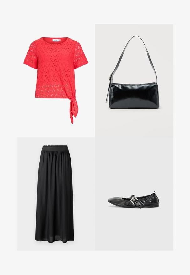 Blusa roja de manga corta con patrón de ojales en forma de diamante y detalle de lazo lateral en el dobladillo, hecha de tela ligera.; Falda negra de longitud media hecha de tela ligera, con una cinturilla elástica y una silueta fluida de textura suave.; Zapato plano de piel negra con puntera afilada, detalle fruncido alrededor de la abertura y un acento de hebilla plateada en la correa ajustable.; Bolso de hombro rectangular negro con una correa ajustable y un cierre de cremallera superior sobre un fondo liso.
