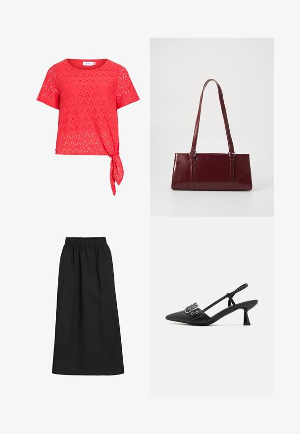 Blusa roja de manga corta con patrón de ojales en forma de diamante y detalle de lazo lateral en el dobladillo, hecha de tela ligera.; Falda negra, hasta las rodillas, hecha de tela suave y ligera. Cuenta con una cinturilla elástica y un diseño simple y fluido sin adornos.; Simmi London DALA - Tacones - black; Bolso burdeos hecho de material brillante, de forma rectangular, con dos asas para el hombro y sutiles acentos curvados en la parte frontal.