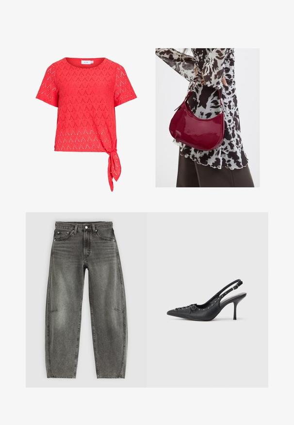Blusa roja de manga corta con patrón de ojales en forma de diamante y detalle de lazo lateral en el dobladillo, hecha de tela ligera.; Jeans de mezclilla gris deslavado de cintura alta con cinco bolsillos, cierre de botón y un corte recto relajado.; Sandal de tacón stiletto negro de cuero con punta afilada, correa lateral con hebilla, tachuelas a lo largo del borde y cordones decorativos en la parte delantera.; Mujer con blusa de estampado en blanco y negro sosteniendo un bolso de hombro rojo brillante sobre un fondo liso.