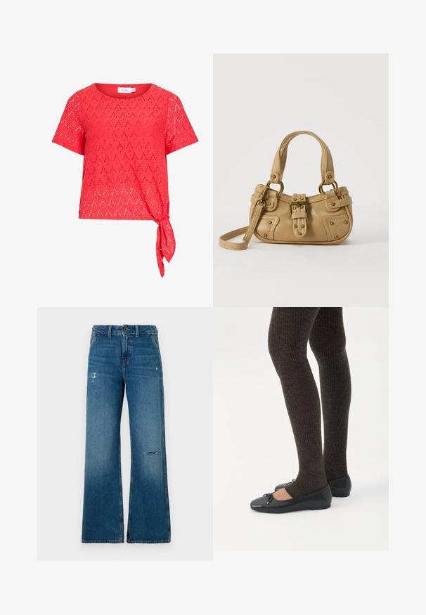 Blusa roja de manga corta con patrón de ojales en forma de diamante y detalle de lazo lateral en el dobladillo, hecha de tela ligera.; Jeans de mezclilla azul de piernas anchas con una textura desgastada, que presentan dos áreas desgastadas en la parte frontal, un cierre de botón y diseño de cinco bolsillos.; Piernas con leggings oscuros acanalados combinados con bailarinas negras que presentan pequeños detalles de lazo sobre un fondo blanco.; Bolso de cuero beige con doble asa, hebilla y remaches de latón, y una correa de hombro ajustable sobre un fondo blanco.