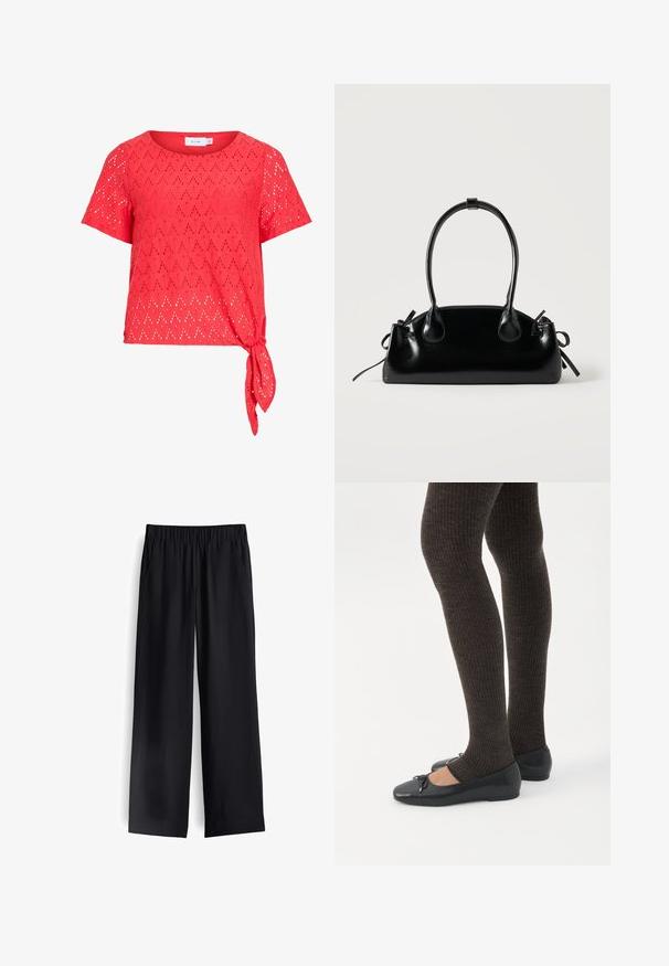 Rote Kurzarm-Bluse mit Diamant-Ösenmuster und seitlicher Bindeband-Detail am Saum, aus leichtem Stoff gefertigt.; Schwarze weit geschnittene Hose aus glattem Stoff, mit elastischem Bund und zwei vorderen Taschen, mit einem fließenden Fall und minimalistischem Design.; Beine in dunklen, gerippten Leggings kombiniert mit schwarzen Ballerinas mit kleinen Schleifendetails auf weißem Hintergrund.; Kleine schwarze glänzende Handtasche mit zwei langen Griffen und seitlichen Kordelzug-Details vor einfachem hellem Hintergrund.