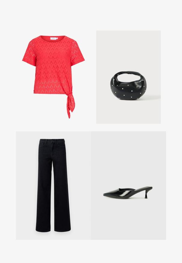 Rød kortærmet bluse med diamant-udskæringsmønster og bindedetalje i siden på kanten, lavet af let stof.; Bredde ben sorte denim jeans med høj talje, der har standardlommer og knaplukning. Glat tekstur med en let stræk.; Sorte patenterede lædermules med spids tå, lav kittenheel og buede sider, der har en glansfuld finish og minimalistisk design.; Sort læderhåndtaske med en rundet form, dekoreret med sølvnitter, og et kort håndtag. Glat tekstur og lynlåslukning.