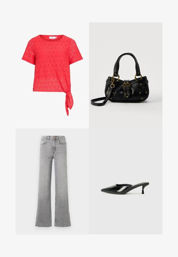 Rote Kurzarm-Bluse mit Diamant-Ösenmuster und seitlicher Bindeband-Detail am Saum, aus leichtem Stoff gefertigt.; Graue Denim-bootcut-Jeans mit hoher Taille, Fronttaschen, Gürtelschlaufen und einem subtilen, verblassten Design, präsentiert vor einem weißen Hintergrund.; Schwarze Lackleder-Mules mit spitzem Zeh, niedrigem Kitten-Heel und geschwungenen Seiten, die ein glänzendes Finish und ein minimalistisches Design aufweisen.; Schwarze Lederhandtasche mit goldener Schnalle und Nieten, kurzen Griffen und einem verstellbaren Schultergurt vor einem schlichten weißen Hintergrund.