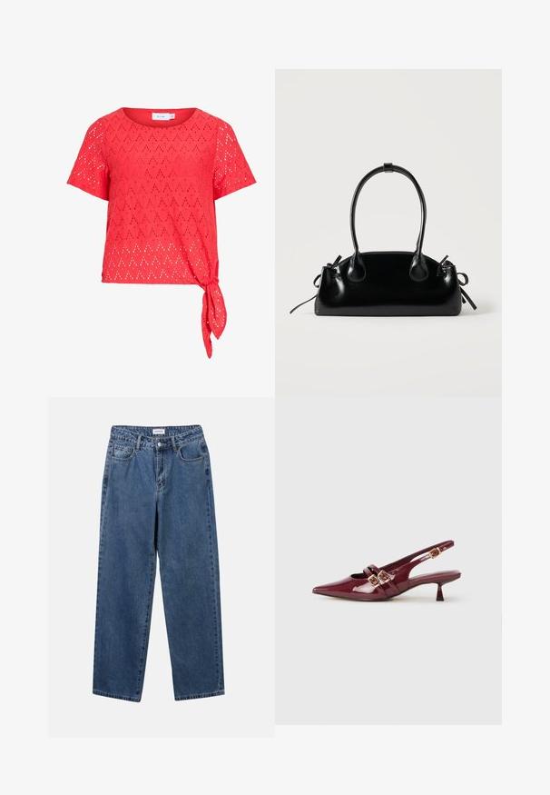 Rode korte mouwen blouse met diamantvormig oogjespatroon en een zijknoopdetail aan de zoom, gemaakt van lichtgewicht stof.; Klassieke blauwe denim jeans met een rechte pijp, vijf zakken en een knoopsluiting. Heeft een middelgrote wasbeurt en stevige textuur.; Bordeaux lakleren slingback schoen met een spitse neus, twee platte banden met gouden gespen en een kleine hak.; Kleine zwarte glanzende handtas met twee lange hengsels en zijkant trekkoord details op een effen lichte achtergrond.