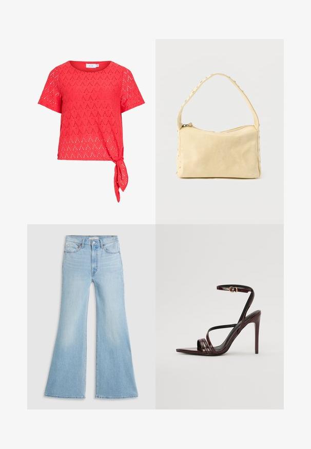 Rote Kurzarm-Bluse mit Diamant-Ösenmuster und seitlicher Bindeband-Detail am Saum, aus leichtem Stoff gefertigt.; Helle blaue Schlagjeans mit hoher Taille, aus Denim gefertigt. Sie verfügen über ein klassisches Fünf-Taschen-Design und einen rohen Saum an den Säumen.; Bordeaux-farbenes Lackleder-High-Heel-Sandale mit einem Knöchelriemen, spitzem Zehenbereich und drei horizontalen Riemen über dem Fuß. Details mit goldfarbener Schnalle.; Kleine beige Ledertasche mit einem einzigen Riemen und silbernen Nieten entlang der Kanten und des Riemens, vor einem schlichten Hintergrund.