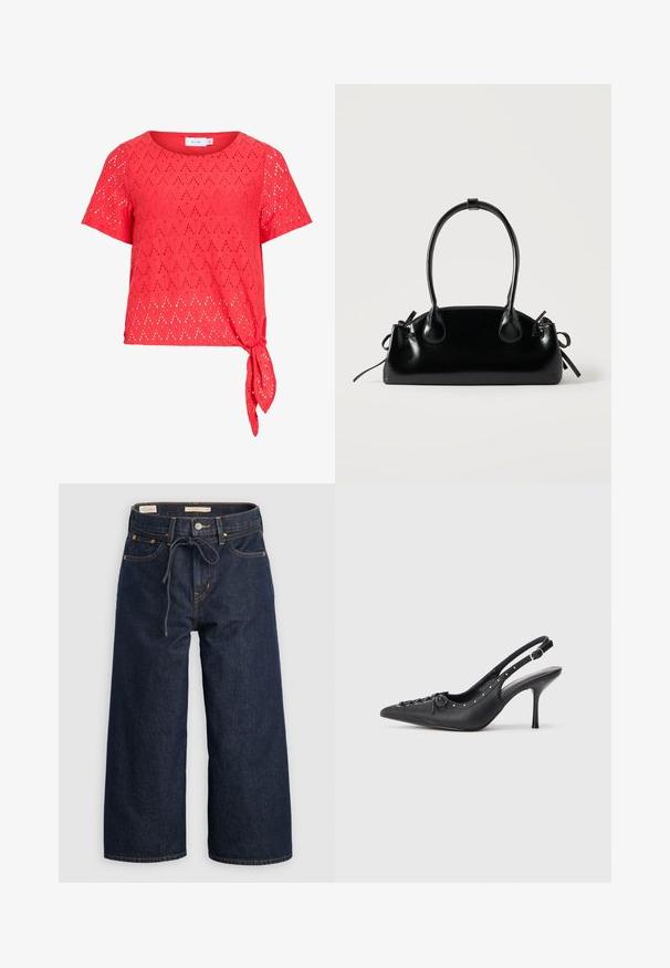 Rød kortærmet bluse med diamant-udskæringsmønster og bindedetalje i siden på kanten, lavet af let stof.; Mørkeblå vide denimjeans med elastisk talje og snor, forlommer og kontrasterende orange syninger.; Sorte læder slingback stiletto med spids tå, side spændebånd, nitter langs kanten og dekorativ snøring foran.; Lille sort blank håndtaske med to lange håndtag og snøre-detaljer i siden på en ensfarvet lys baggrund.