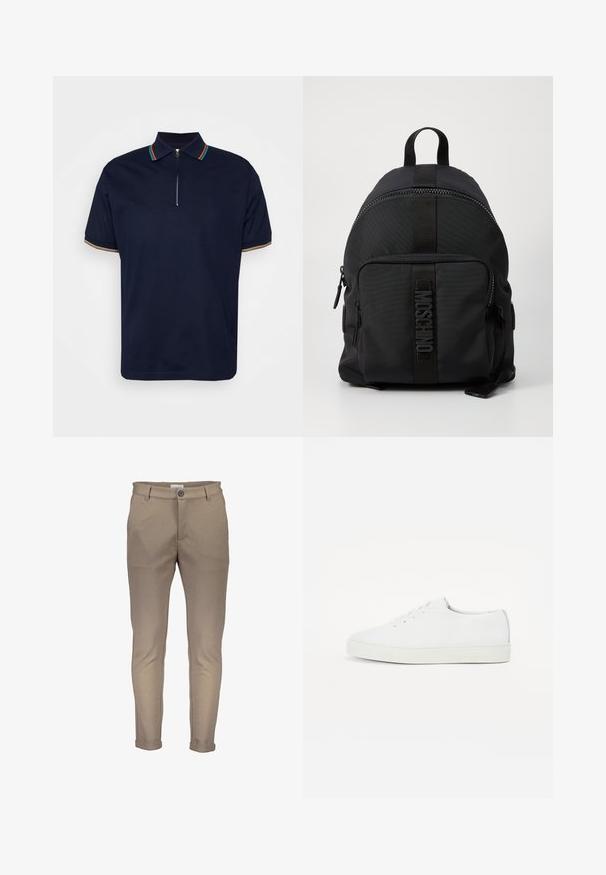 Paul Smith DETAIL - Poloshirt - very dark navy; Beige Baumwollmischhosen mit schmaler Passform, versehen mit einem Knopfverschluss, Gürtelschlaufen und aufgerollten Beinen. Glatte Textur mit sauberer Naht.; Weiße Leder-Sneaker mit glatter Textur, runder Zehenpartie, flacher Sohle und dezentem goldenen Logo auf der Seite. Klassisches Schnürdesign.; Schwarzer Nylon-Rucksack mit ovaler Form, einem oberen Griff, einer Fronttasche mit Reißverschluss und einem strukturierten Logo-Streifen in der Mitte.