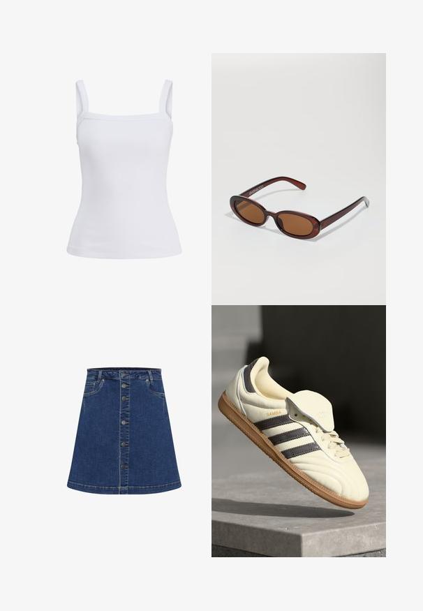 Camiseta sin mangas blanca con textura acanalada, tirantes anchos y escote recto, mostrada sobre un fondo liso.; Falda de mezclilla en línea A de color azul oscuro con cierre de botones en el frente y costuras en contraste. Presenta dos bolsillos laterales y un dobladillo por encima de la rodilla.; Zapatilla de cuero crema con tres rayas oscuras, suela de goma marrón y punta redondeada. Cuenta con una lengüeta plegable etiquetada como "SAMBA".; Gafas de sol redondas con tinte marrón y un marco burdeos brillante. Patillas delgadas con un sutil detalle de marca. Diseño de lentes planos.