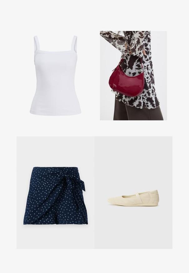 Weißes geripptes Tanktop mit breiten Schulterträgern und geradem Ausschnitt, auf einfarbigem Hintergrund dargestellt.; Dunkelblaue Shorts mit einem Wickeldesign und vorderem Bindedetail. Besitzt ein verstreutes kreisförmiges weißes Muster. Hergestellt aus leichtem Stoff.; Beige Ballerinas aus glattem Leder mit mandelförmiger Zehenpartie und elastischem Riemen über dem Fußrücken, ausgestattet mit dezenten Nähtelementen.; Frau trägt eine schwarz-weiß gemusterte Bluse und hält eine glänzende rote Schultertasche vor einem einfarbigen Hintergrund.