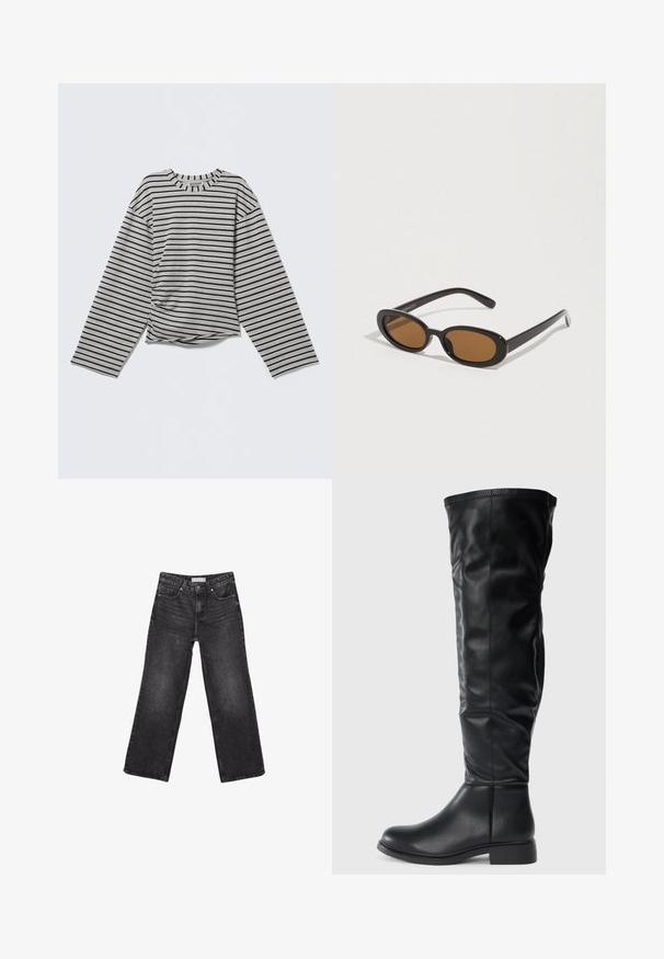 Langærmet gråstribet top med rund halsudskæring og en tvistet detalje ved kanten. Fremstillet i blødt, let stof.; Sorte denimjeans med brede ben, for- og baglommer, knaplukning og bæltestropper, lagt fladt på en hvid baggrund.; Sorte knæhøje støvler lavet af glat læder, med rund tå, lav blokhæl og en let skråning på skaftet med syninger.; Solbriller med ovale brune linser, sorte plastikstel og tynde arme. Glat tekstur med et minimalistisk design.