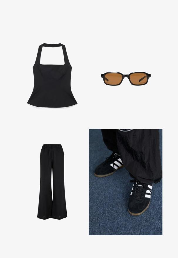 Haut noir sans manches avec encolure carrée et taille ajustée, doté d'une fermeture éclair au dos.; Pantalons larges noirs en tissu léger. Dotés d'une taille élastique et d'un design fluide atteignant le sol.; Des chaussures de sport en suède noir avec trois rayures blanches et des lacets noirs. Un pantalon noir texturé est partiellement visible à côté des chaussures.; Lunettes de soleil rectangulaires noires avec des montures épaisses et des verres teintés marron, vues de face sur un fond blanc.