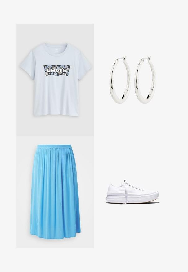Lyseblå kortærmet t-shirt i bomuld med et sort og blomsterprintet Levi's-logo på fronten med hvide bogstaver.; Lyseblå nederdel i knælængde lavet af et tekstureret stof, med en elastisk, rynket taljebånd og et flydende design uden lommer.; Hvid lavt snørestøvle med tyk plateau-sål, snørelukning foran og gummiforstærket tåkap, set i sideprofil.; Sølvøreringe i form af hoops med en glat, blank finish. Cirkulær form, der har en sikker lås. Simpelt og elegant design.