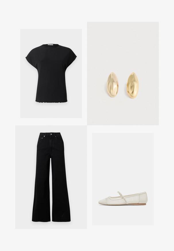 Sort kortærmet bluse med brede skuldre, rund halsudskæring og let bølget kant, vist på en ensfarvet lys baggrund.; Sorte jeans med vide ben lavet af denim, med høj talje, fem lommer, knaplukning foran og minimal syning.; Off-white flad sko med spids tå, perlebesat rem og lav træhæl, sidevisning på lys baggrund.; Et par skinnende, glatte, uregelmæssige ovalformede guldstudsøreringe placeret på en ensfarvet lys overflade.