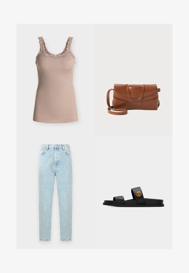 Beige ribstrikket tanktop med blondekant langs halsudskæring og stropper, ærmeløs og tætsiddende stil på ensfarvet baggrund.; Lyseblå højhalset denimjeans med knap og lynlås foran, lommer foran og bagpå, vist mod en hvid baggrund.; Sort sandals med to brede stropper, hvoraf den ene har et rundt guldemblem, flad sål, isoleret på lys grå baggrund.; Brun læder håndtaske med et elegant design, der har en struktureret klap, en fremtrædende lås og en justerbar skulderrem for alsidighed.