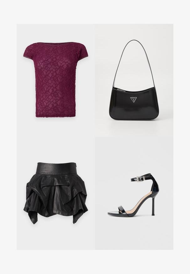 Bordeaux blonde t-shirt med korte ærmer, en rund halsudskæring og et struktureret blomsterdesign hele vejen igennem. Let og semi-gennemsigtigt stof.; Sort læder mininederdel med høj talje og asymmetriske lagdelte flæsedetaljer.; Sort højhælet sandal i laklæder med ankelrem. Har minimalistisk design, åben tå og spænde med rhinsten-detaljer.; Sort patenteret læder skuldertaske med en buet form, prydet med et sølvfarvet trekantet logo og en lynlås-lukning. Glat tekstur og slank rem.