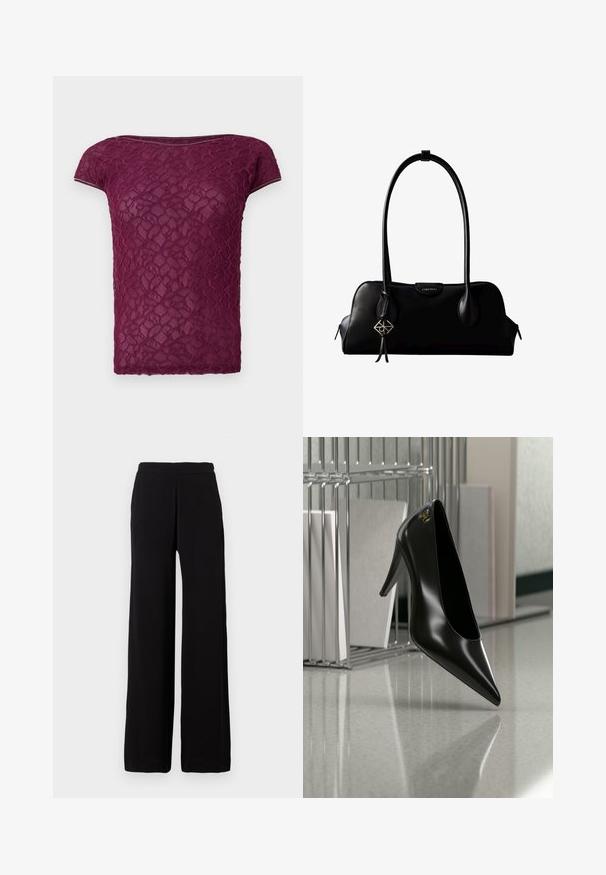 T-shirt en dentelle bordeaux avec des manches courtes, un col rond et un motif floral texturé. Tissu léger et semi-transparent.; Pantalon noir à jambes larges en tissu doux avec une taille élastique, présentant un design épuré sans motifs ni accents visibles.; Chaussure noire à talon haut avec bout pointu et logo doré, posée sur une surface réfléchissante près d'un organiseur de dossiers en fil chromé contenant des documents.; Sac à main en cuir noir Calvin Klein avec de longues anses, une étiquette logo à l'avant et un charme géométrique argenté suspendu à une anse.