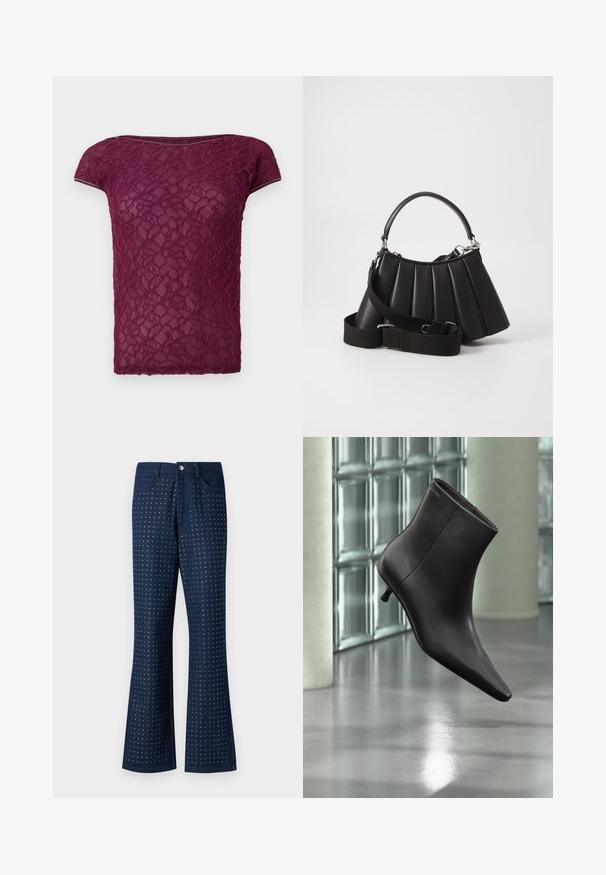 Bordeaux blonde t-shirt med korte ærmer, en rund halsudskæring og et struktureret blomsterdesign hele vejen igennem. Let og semi-gennemsigtigt stof.; Mørkeblå jeans med bredde i buksebenene, der har et prikket mønster over hele, fem lommer og knaplukning i metal. Fremstillet af denimstof.; Sort læderankelstøvle med spids tå og lille hæl vist mod en væg af glasblokke og poleret gulv baggrund.; Sort plisseret handbag med et rundet håndtag, justerbar rem og blank overflade. Har sølvfarvet hardware og en struktureret silhuet.