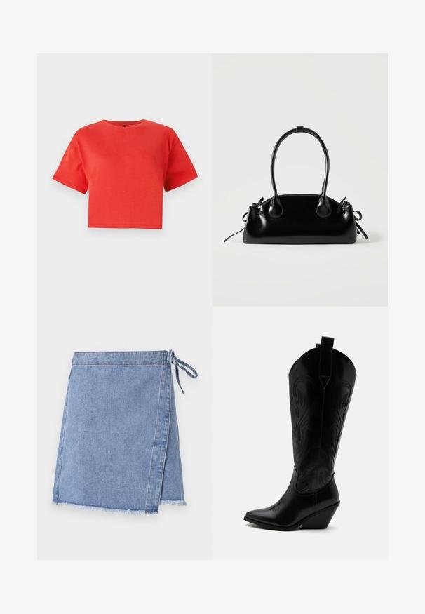 Rød cropped t-shirt lavet af bomuld, med rund hals og korte ærmer. Glat struktur uden synlige mønstre eller detaljer.; Lysblå denim omslagskirt med bundet lukning, frynset kant og lige snit med en svag A-form.; Sort læder cowboystøvle med spidst tåparti, skråt blokhælhæl, dekorative sømme og trækstropper øverst mod hvid baggrund.; Lille sort blank håndtaske med to lange håndtag og snøre-detaljer i siden på en ensfarvet lys baggrund.