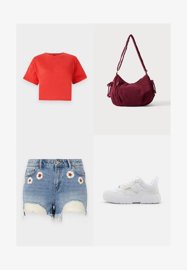 Rød cropped t-shirt lavet af bomuld, med rund hals og korte ærmer. Glat struktur uden synlige mønstre eller detaljer.; Denimshorts med en frynset kant, lys blå farve, med blomsterbroderi i hvid og brun rundt om fronten. Fem-lommers design.; Hvide sneakers med et chunky design, fremstillet af læder og syntetiske materialer, med teksturerede detaljer, snørebånd og et fremtrædende logo i guld.; Blød bordeaux kordfløjls skuldertaske med justerbar rem, lynlås lukning, sidelommer med bindebånd og en front lynlåslomme.