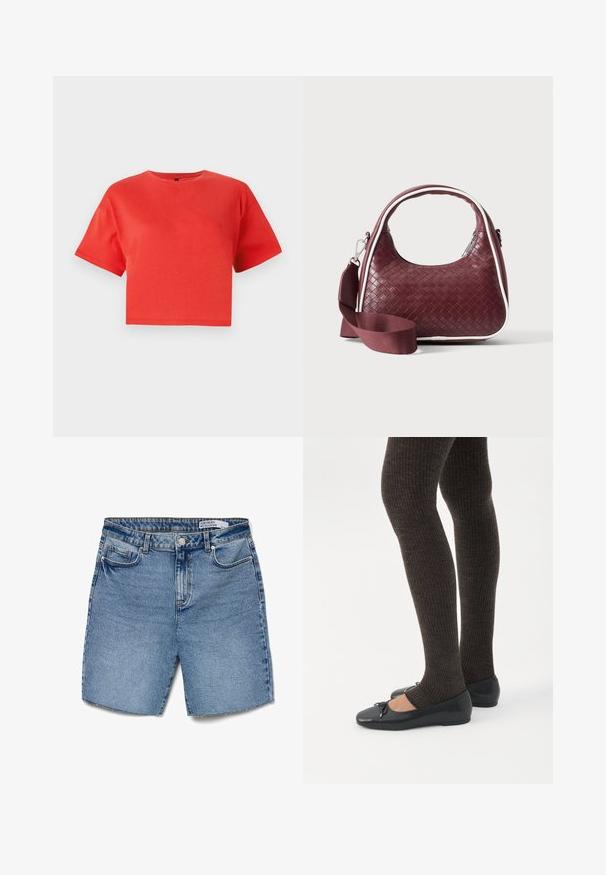 Rød cropped t-shirt lavet af bomuld, med rund hals og korte ærmer. Glat struktur uden synlige mønstre eller detaljer.; Lyseblå denimshorts med høj talje, fem lommer og lige pasform. Har en knaplukning og minimal slidning ved kanten.; Ben iført mørke ribbede leggings kombineret med sorte balletsko med små sløjfedetaljer på hvid baggrund.; Mørkerød vævet lædertaske med buet hank, hvid kant, sølv lynlås og aftagelig bred stofskulderrem mod en ensfarvet baggrund.