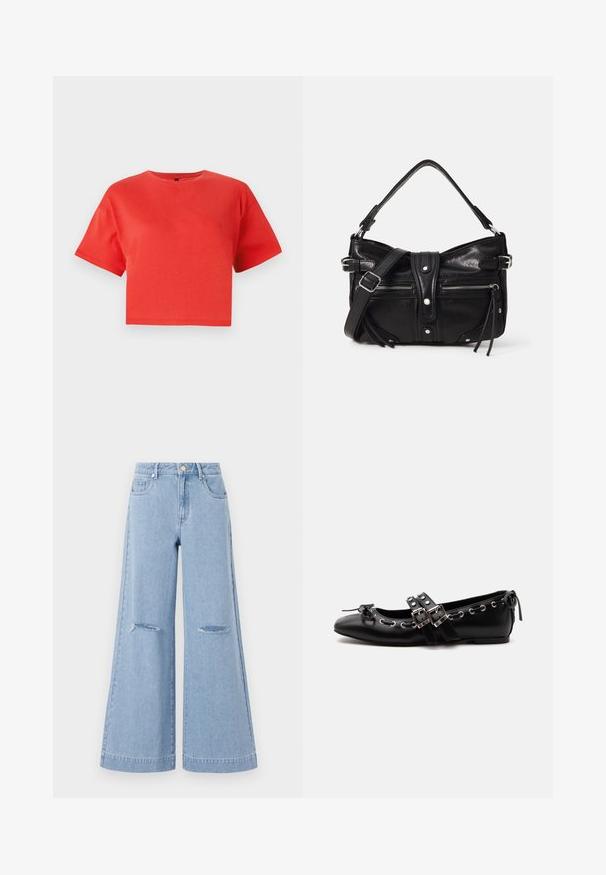 Rød cropped t-shirt lavet af bomuld, med rund hals og korte ærmer. Glat struktur uden synlige mønstre eller detaljer.; Lyseblå bredbenede jeans med høj talje, der har to forlommer og to slidte knædetaljer, fremstillet af denimmateriale.; Sort flad balletsko med dobbelt spænde, sølvøjer og en lille sløjfe nær den runde tå på en hvid baggrund.; Even&Odd by Zalando H24462 - Håndtasker - black