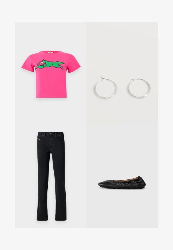 Lyserød kortærmet crop top med en grøn tegneseriestil løbende hund med skarpe tænder trykt over brystet.; Sort denim jeans med lige snit, som har fem lommer og subtile syninger. Stoffet har en glat tekstur og minimal falmen.; Sort læder balletflade med samlet detaljering ved kraven, rund tå og fleksibel gummisål. Glat tekstur hele vejen igennem.; Sølvfarvede metaloorringe med glat, let buet overflade og låsemekanisme på en ensfarvet hvid baggrund.