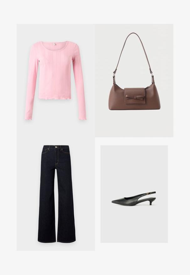 Haut à manches longues rose en tissu côtelé, doté d'un col rond et d'un ourlet festonné en bas ainsi qu'aux poignets.; Jeans large en denim bleu foncé, avec une taille haute, des coutures contrastées et un unique bouton métallique à l'avant.; Chaussure slingback noire à bout pointu en cuir lisse. Présente un talon fin et un détail de boucle sur la sangle réglable.; Sac à bandoulière en cuir marron avec une poche à rabat avant ornée d'un détail en forme de nœud cousu et une sangle réglable.