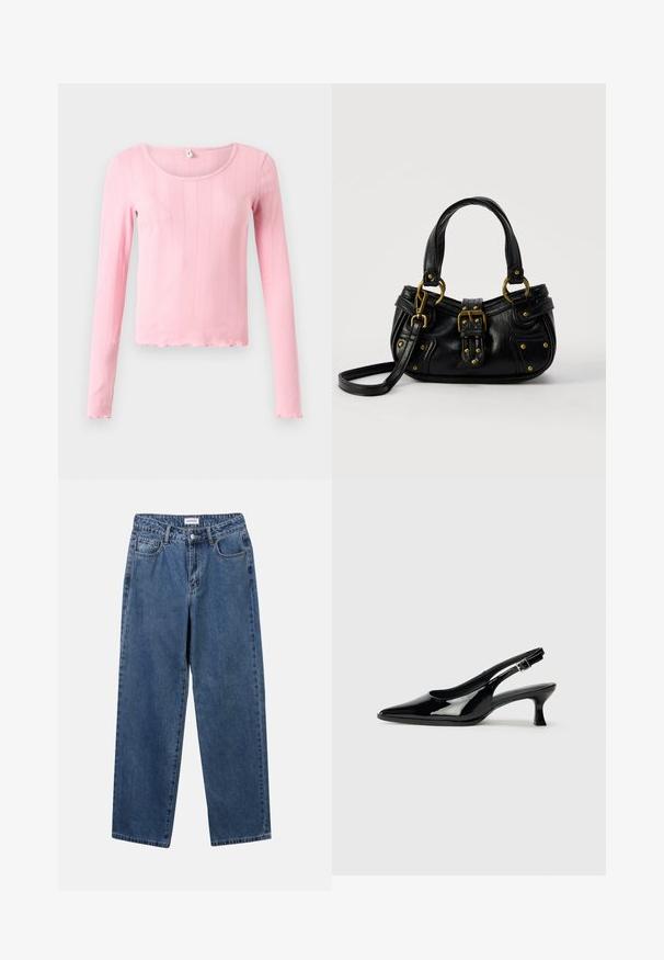 Langärmliges pinkfarbenes Oberteil aus geripptem Stoff, mit rundem Ausschnitt und einem wellenförmigen Saum am unteren Rand und den Bündchen.; Klassische blaue Denim-Jeans mit geradem Bein, fünf Taschen und Knopfverschluss. Sie verfügen über eine mittelblau gewaschene Optik und sind aus robuster Textur.; Schwarze Lackleder Slingback-Schuhe mit spitzem Zehenbereich und niedrigem Blockabsatz. Verstellbarer Riemen mit Schnalle am Knöchel.; Schwarze Lederhandtasche mit goldener Schnalle und Nieten, kurzen Griffen und einem verstellbaren Schultergurt vor einem schlichten weißen Hintergrund.