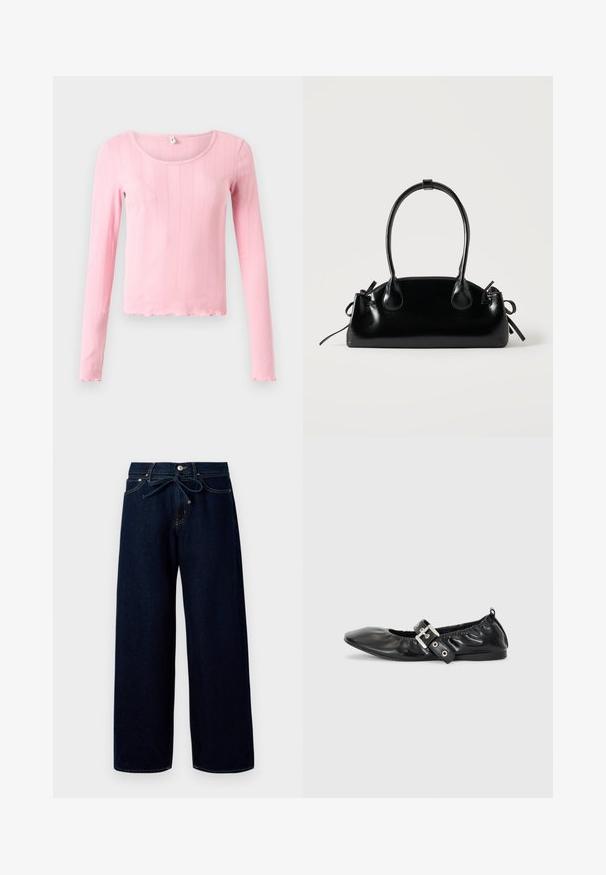 Langere roze top met lange mouwen, gemaakt van geribbelde stof, met een ronde halslijn en een gegolfde zoom aan de onderkant en manchetten.; Donkerblauwe wijde jeans van denim, met een sluiting met knoppen aan de voorkant en een trekkoord in de taille, versierd met contrasterende stikdetails.; Zwarte leren platte schoen met een spitse neus, geplooide details rond de opening en een zilveren gespaccentueerde verstelbare band.; Kleine zwarte glanzende handtas met twee lange hengsels en zijkant trekkoord details op een effen lichte achtergrond.