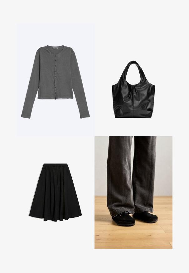 Cardigan gris foncé à manches longues avec boutons, col rond et coutures visibles, posé à plat sur un fond clair.; Jupe midi noire en A avec taille élastique et plis subtils, présentée sur fond blanc.; Une personne portant un pantalon gris foncé ample et des chaussures noires sans lacets se tient sur un sol en bois clair contre un mur uni.; Sac fourre-tout en cuir noir avec une texture lisse, un haut arrondi doux et de larges poignées. Présente une couture minimale et une silhouette décontractée.