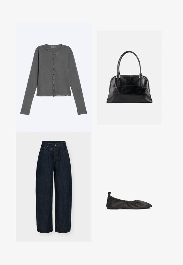 Cardigan gris foncé à manches longues avec boutons, col rond et coutures visibles, posé à plat sur un fond clair.; Jean denim bleu foncé à jambes larges avec fermeture avant par bouton et zip, poches avant et arrière, et détails de coutures orange.; Chaussure plate en cuir noir avec un bord élastique froncé, bout pointu et surface lisse. Présente un design minimaliste sans quincaillerie visible.; Sac à main en cuir noir avec deux poignées supérieures arrondies et une poche avant légèrement incurvée, présenté sur un fond clair uni.