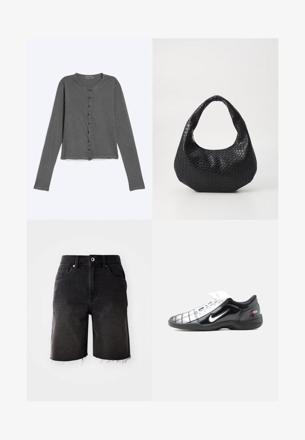 Dunkelgrauer langärmeliger Knopf-Cardigan mit rundem Ausschnitt und sichtbaren Nähten, flach auf hellem Hintergrund liegend.; Schwarze Denim-Shorts mit einer ausgewaschenen Optik, fransigem Saum, klassischem Fünf-Taschen-Design und einem Knopfverschluss. Dicke Nähte ergänzen das Gesamtbild.; Schwarz-weißer Nike Total 90 III flacher Fußballschuh mit Schnürsenkeln und einem roten Logo an der Ferse, von der Außenseite gezeigt.; Schwarze gewebte Handtasche mit einem gebogenen Griff, die eine strukturierte Oberfläche und eine lässige Form hat. Glatte Oberfläche mit einer organischen Silhouette.