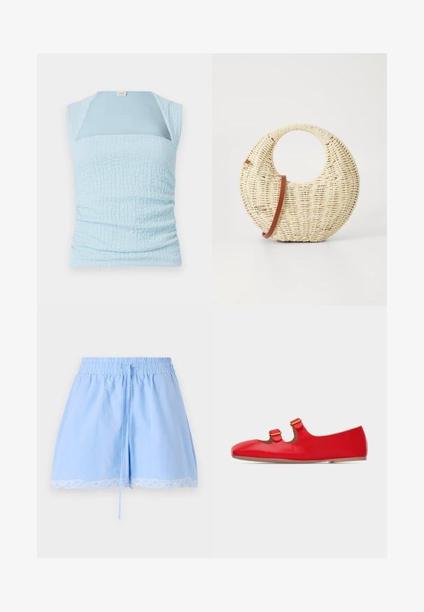 Haut sans manches bleu clair avec un design texturé froncé et un panneau lisse contrastant au niveau du col.; Shorts en coton bleu clair avec une taille smockée, un cordon de serrage et une finition en dentelle blanche au bas. Texture douce et coupe décontractée.; Chaussure plate rouge avec deux sangles à boucles dorées, bout arrondi et semelle beige, vue de profil sur un fond blanc.; Sac à main tressé rond en paille naturelle avec une finition texturée. Dispose d'une bandoulière en cuir marron lisse et d'une poignée circulaire.
