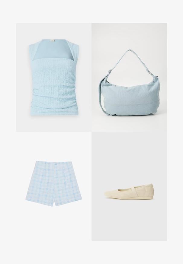 Haut sans manches bleu clair avec un design texturé froncé et un panneau lisse contrastant au niveau du col.; Shorts à carreaux bleu clair en tissu texturé, ayant une coupe ample et des plis pour un détail supplémentaire.; Ballerines beiges avec une exterior en cuir lisse, un bout en forme d'amande et une sangle élastique sur le coup de pied, avec des détails de couture subtils.; Sac à dos en denim bleu clair de forme arrondie, avec une bandoulière ajustable et un subtil détail de couture le long du bas. Texture douce.