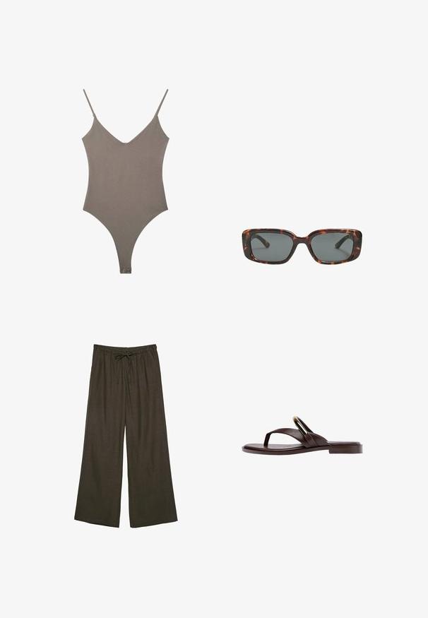 Body sans manches taupe avec fines bretelles spaghetti ajustables, encolure en V et fermetures à pression à l'entrejambe.; Pantalons amples marron foncé avec une taille élastique et un cordon de serrage ajustable. Fabriqués à partir d'un tissu léger et doux.; Sandale plate en cuir marron avec lanière entre les orteils et détail de boucle ovale dorée sur deux brides traversant le pied.; Lunettes de soleil en écaille de tortue avec des verres rectangulaires, monture épaisse et verres teintés foncés. Texture lisse et design minimaliste.