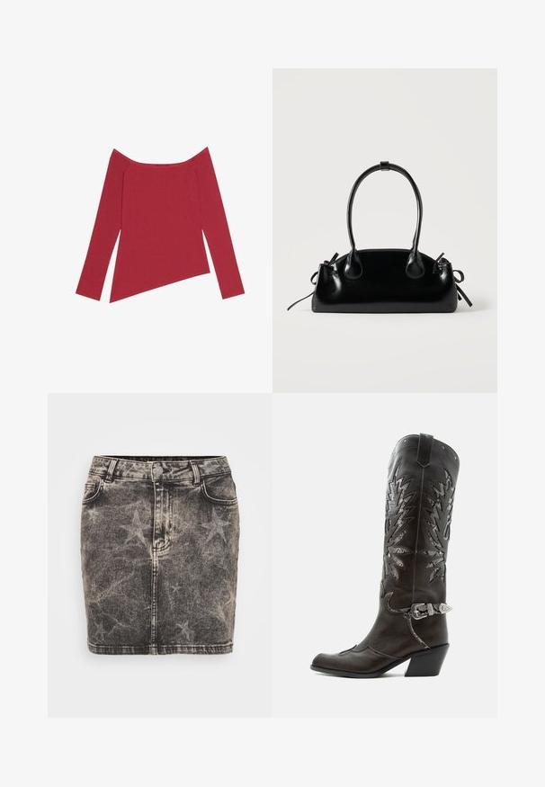 Top rojo de hombros al descubierto con mangas largas, textura acanalada y dobladillo asimétrico, que presenta un acabado suave y costuras sutiles.; Minifalda de mezclilla en negro con un patrón de estrellas desvanecido. Presenta una cintura alta, cinco bolsillos y costuras en contraste. Cierre clásico de botón.; Bota cowboy de cuero negro con recortes decorativos, hebilla plateada y tacón inclinado, presentada sobre fondo blanco.; Pequeño bolso negro brillante con dos asas largas y detalles de cordón lateral sobre un fondo claro liso.