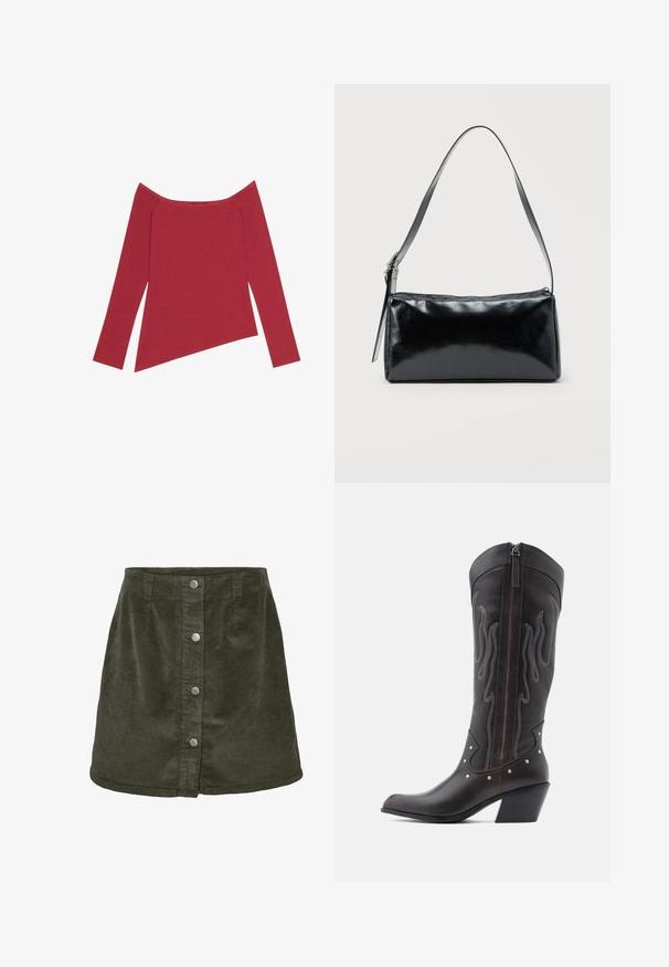 Top rojo de hombros al descubierto con mangas largas, textura acanalada y dobladillo asimétrico, que presenta un acabado suave y costuras sutiles.; Falda mini de pana en verde oscuro con forma de línea A, que cuenta con cinco cierres de botones plateados en la parte delantera y textura acanalada vertical.; Botas de cowboy de cuero marrón con costuras en forma de llama, cremallera lateral, tachuelas plateadas, punta puntiaguda y tacón apilado.; Bolso de hombro rectangular negro con una correa ajustable y un cierre de cremallera superior sobre un fondo liso.