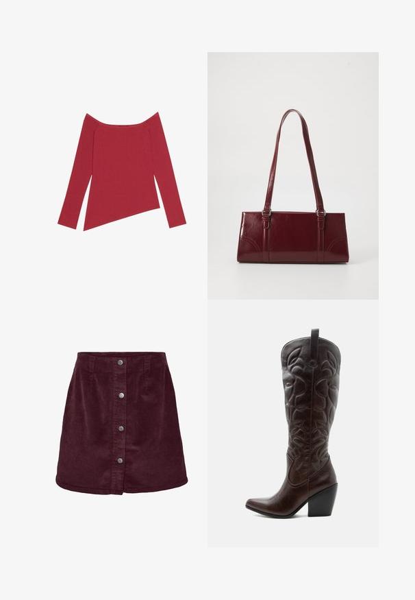 Rød off-the-shoulder top med lange ærmer, ribbet tekstur og asymmetrisk kant, der har en glat overflade og subtile sømme.; Bordeaux fløjl mini nederdel med A-line form, der har fem sølvknapper ned foran og en diskret ribbet tekstur.; Høj mørkebrun læder cowboystøvle med syede dekorative mønstre, spids tå og stablet blokhæle.; Bordeaux håndtaske lavet af glansfuldt materiale, rektangulær form, med to skulderremme og subtile buede detaljer på forsiden.
