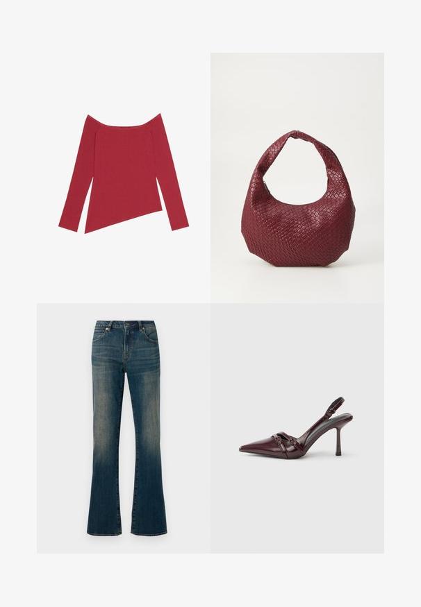 Top rojo de hombros al descubierto con mangas largas, textura acanalada y dobladillo asimétrico, que presenta un acabado suave y costuras sutiles.; Jeans de mezclilla azul acampanados con un acabado ligeramente desgastado, diseño de cinco bolsillos, cierre de botón y detalles cosidos a lo largo de las costuras.; Zapato de tacón slingback de charol burdeos con puntera puntiaguda, fina correa en el tobillo y pequeño detalle decorativo de hebilla. Textura suave y tacón alto.; Bolso de mano burdeos tejido con una silueta redondeada, un solo asa y un acabado texturizado. Cierre con cremallera en la parte superior.