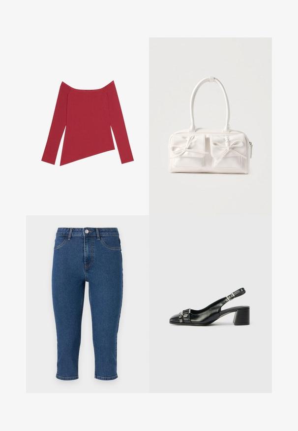 Rode off-the-shoulder top met lange mouwen, geribbelde textuur en een asymmetrische zoom, met een gladde afwerking en subtiele naden.; Donkerblauwe denim capri-broeken met een hoge taille, vijf zakken en contrasterende stiksels. Bevat een enkele metalen knoop en een lichte tapering aan de zoom.; Zwart leren slingback hak met een spitse neus, eenTextuur strap met cirkelvormige metalen accenten en een gestapelde blokhak.; Witte synthetische handtas met twee voorzakken, elk voorzien van een gebonden strikdetail. Soepele textuur, afgeronde handgrepen en een ritssluiting.