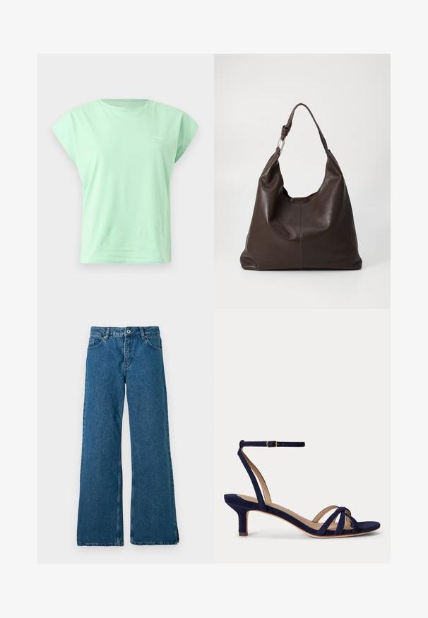 Camiseta sin mangas de algodón color verde menta con cuello redondo y logo discreto en la parte superior izquierda del pecho sobre fondo blanco.; Jeans de mezclilla azul de pernera ancha con un diseño clásico de cinco bolsillos, que cuentan con un cierre frontal de botón y cremallera, y una sutil textura deslavada.; Lauren Ralph Lauren KENDYL KITTEN-HEEL SUEDE SANDAL - Sandalias tobilleras - refined navy; Zign Bolso shopping - chocolate brown