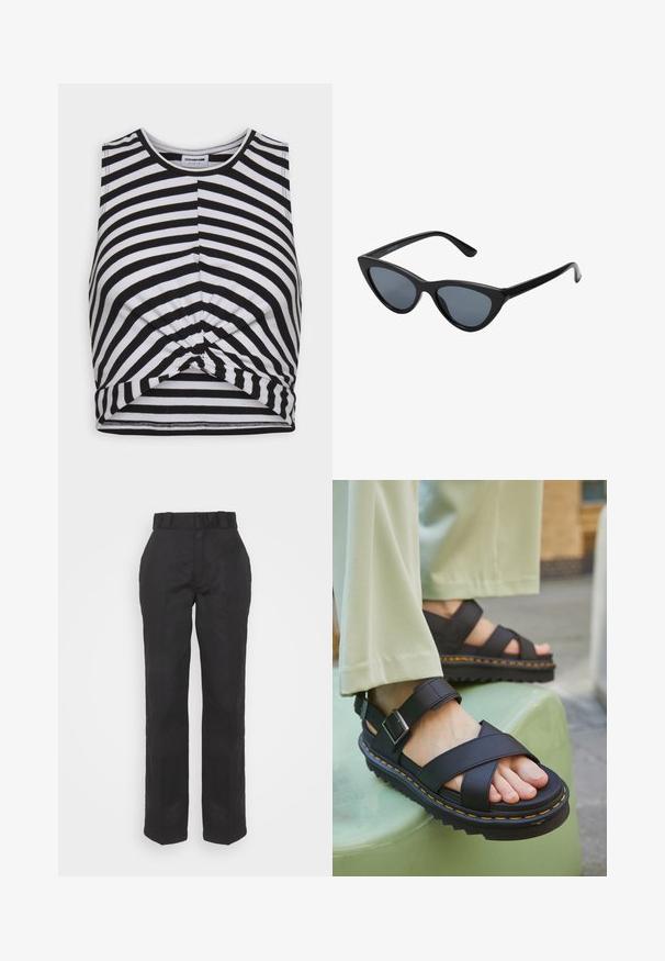 Top corto sin mangas a rayas blancas y negras, con detalle de nudo en la parte delantera y escote redondo, hecho de material de algodón suave.; Pantalones negros con una textura suave, diseño de pierna recta y cintura con cinturón. Presenta una silueta simple y clásica sin patrones adicionales.; Sándalo negro con correas cruzadas, suela resistente con un acento amarillo y hebilla para ajuste. Parte superior texturizada para mayor agarre.; Gafas de sol negras en forma de ojo de gato con lentes gris oscuro, marco de plástico elegante, esquinas puntiagudas y patillas rectas. Sin herrajes ni acentos visibles.