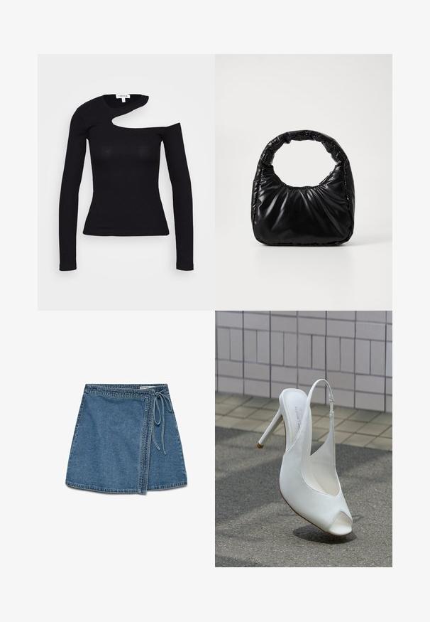 Zwarte lange mouw top met een geribbelde textuur, voorzien van een asymmetrische halslijn met een unieke uitsnijding op één schouder.; Lichtblauwe denim wikkelrok met een strik in de taille, met een rechte snit en een gladde textuur. Geen zichtbare patronen of accenten.; Witte hoge hak slingback schoen met open teen op het trottoir voor een betegelde muur, met een schaduw op de grond.; Zwarte gevoerde handtas met een ronde handgreep, met een gladde, glanzende oppervlakte en een zachte, gewatteerde textuur. Geen zichtbare metalen onderdelen of accenten.