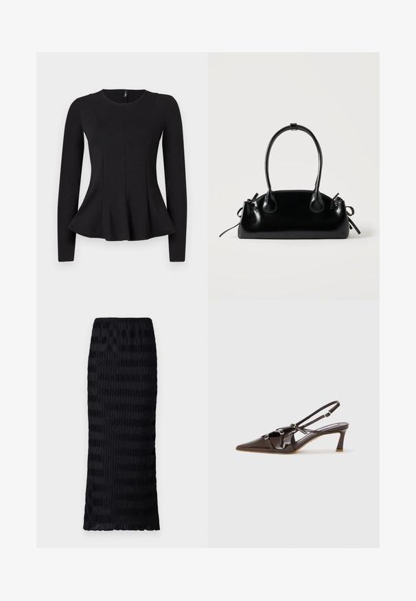 Top negro de manga larga con cuello redondo, que presenta un dobladillo peplum y costuras detalladas para un ajuste estructurado. Confeccionado en tela suave.; Falda negra hasta la rodilla con un diseño texturizado y plisado. Cintura elástica, tela suave con rayas alternas mates y brillantes.; Tacón slingback de charol marrón con punta afilada, correas ajustables y hebillas decorativas en la parte frontal. Altura del tacón de 3 pulgadas.; Pequeño bolso negro brillante con dos asas largas y detalles de cordón lateral sobre un fondo claro liso.