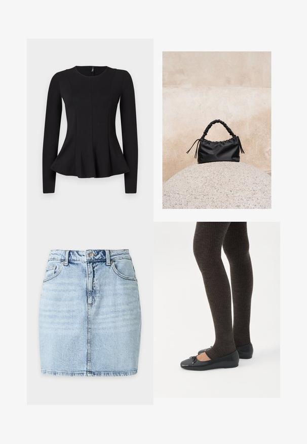 Zwart langemouwen top met een ronde halslijn, voorzien van een peplum zoom en naaddetails voor een gestructureerde pasvorm. Gemaakt van een gladde stof.; Lichtblauwe denim minirok met knoop aan de voorkant, riemlussen, twee steekzakken voor en een zichtbare verticale naad in het midden.; Benen met donkere geribbelde leggings gecombineerd met zwarte ballerina's met kleine strikdetails op een witte achtergrond.; Zwarte gerimpelde handtas met een samengevoegde handvat, rustend op een gestructureerde stenen bol tegen een beige betonnen muur.