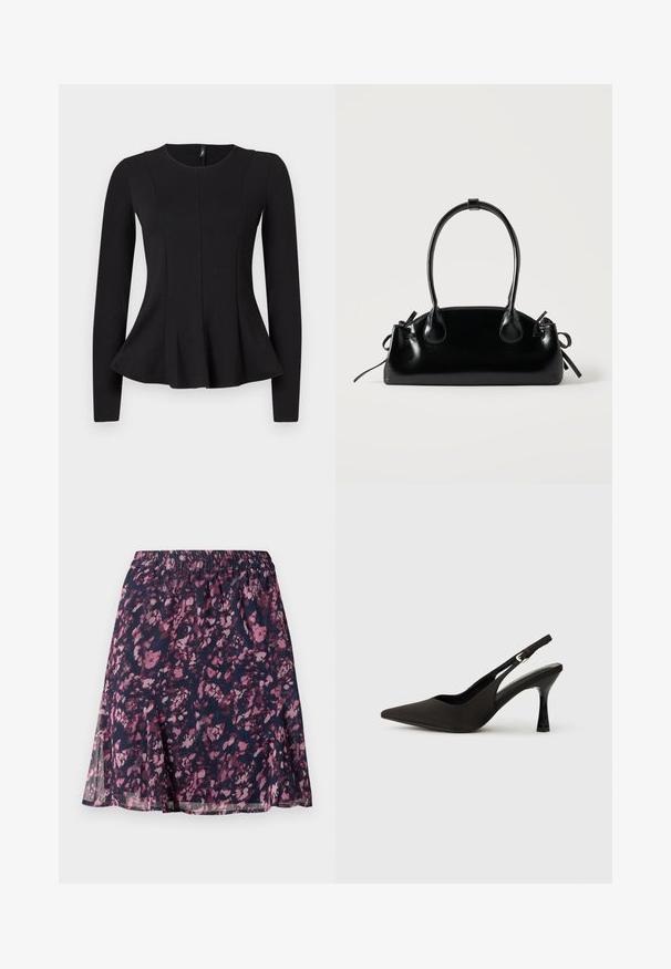 Haut noir à manches longues avec un col rond, présentant un ourlet en peplum et des coutures pour un ajustement structuré. Fabriqué en tissu lisse.; Jupe marine avec taille élastique, ornée d'un motif floral abstrait rose et violet et d'un ourlet légèrement évasé.; Chaussures à talons noires avec une bride, à bout pointu, finition mate lisse et talon fin brillant. Sangle ajustable avec petit détail de boucle.; Petit sac à main noir brillant avec deux longues anses et des détails à cordon sur les côtés sur un fond clair uni.